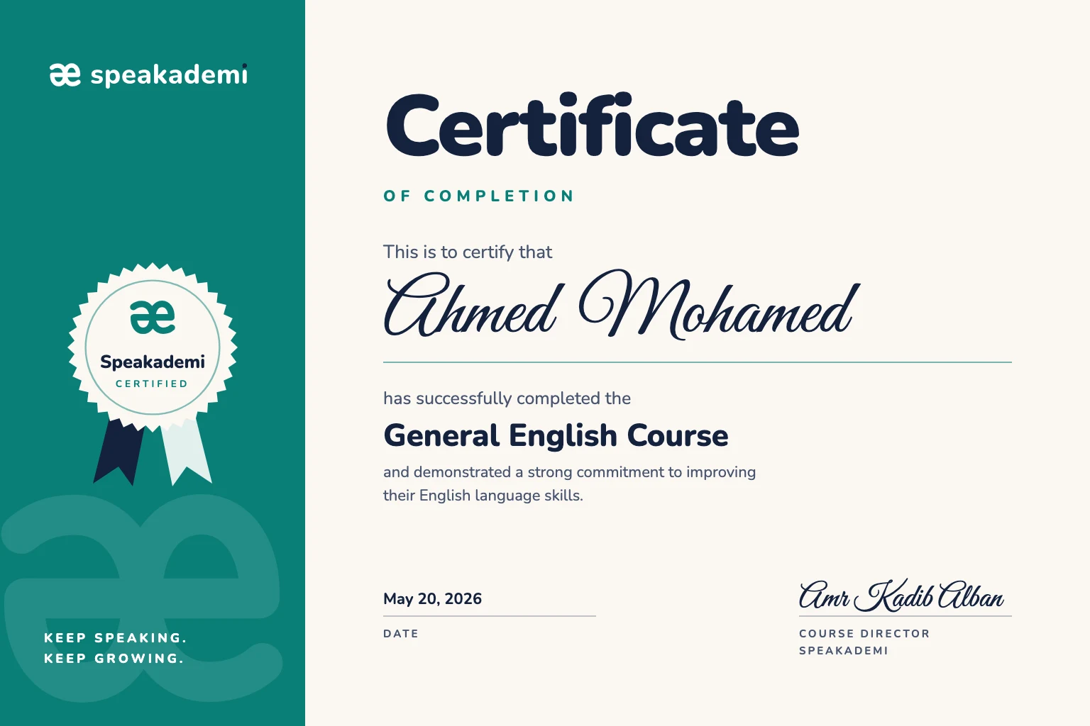 Speakademi Certificate of Completion